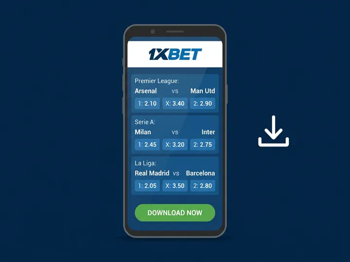 1xbet 공식 파란색 앱 화면이 표시된 Android 스마트폰과 다운로드 아이콘 이미지, 앱에서 프로모션 코드 입력 안내