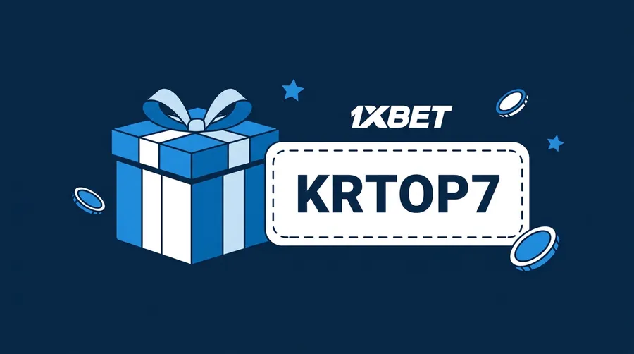 1xbet 공식 파란색 선물 상자와 프로모션 코드 KRTOP7이 표시된 흰색 쿠폰 카드 이미지